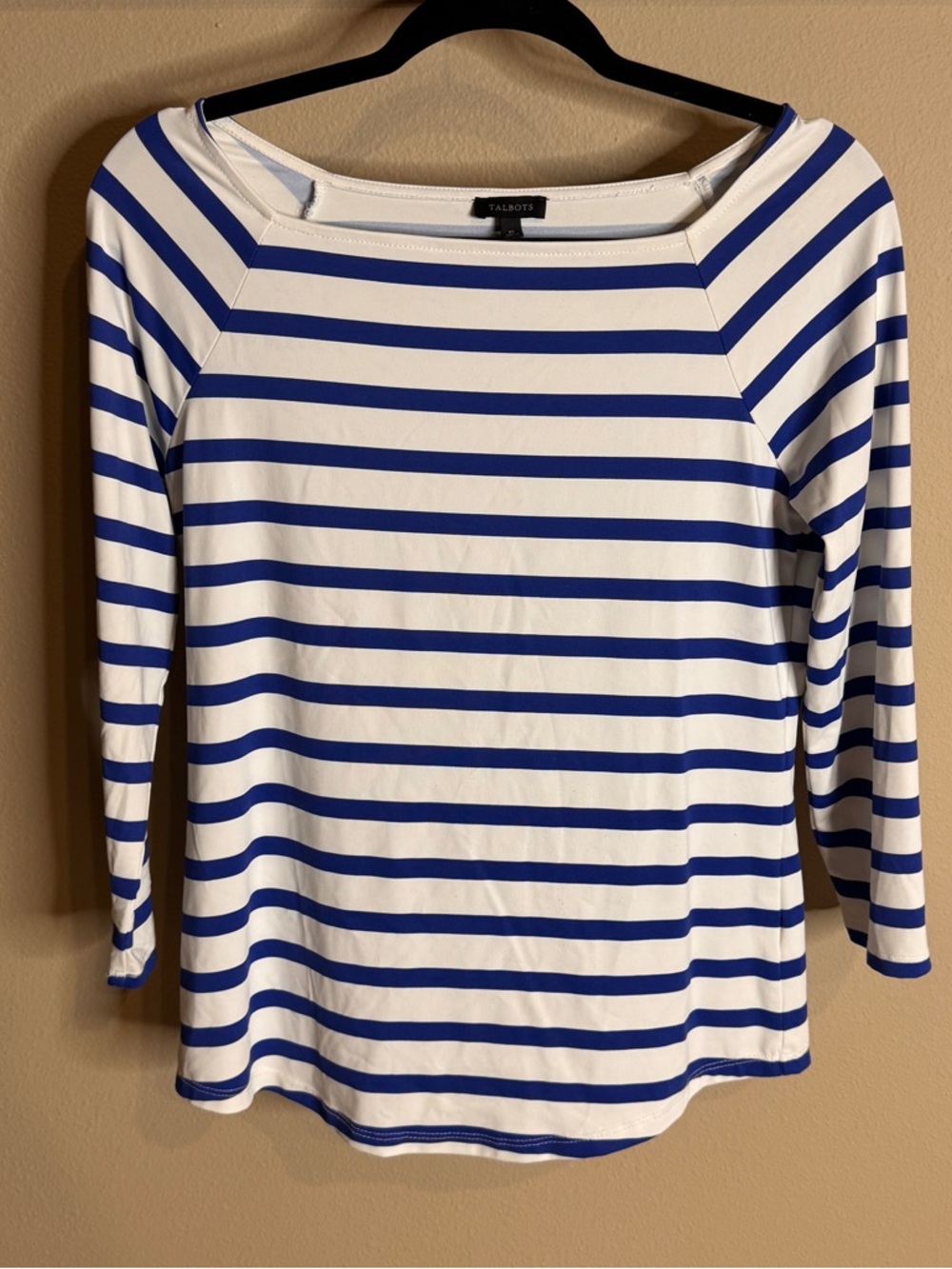 Talbots White and Royal Blue Striped Boatneck Long Sleeve Top